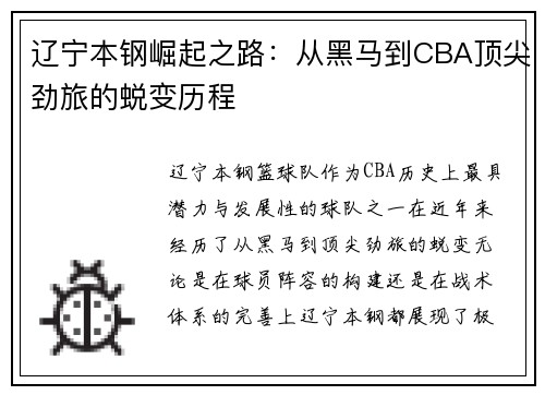 辽宁本钢崛起之路:从黑马到CBA顶尖劲旅的蜕变历程 辽宁本钢崛起之路:从黑马到CBA顶尖劲旅的蜕变历程